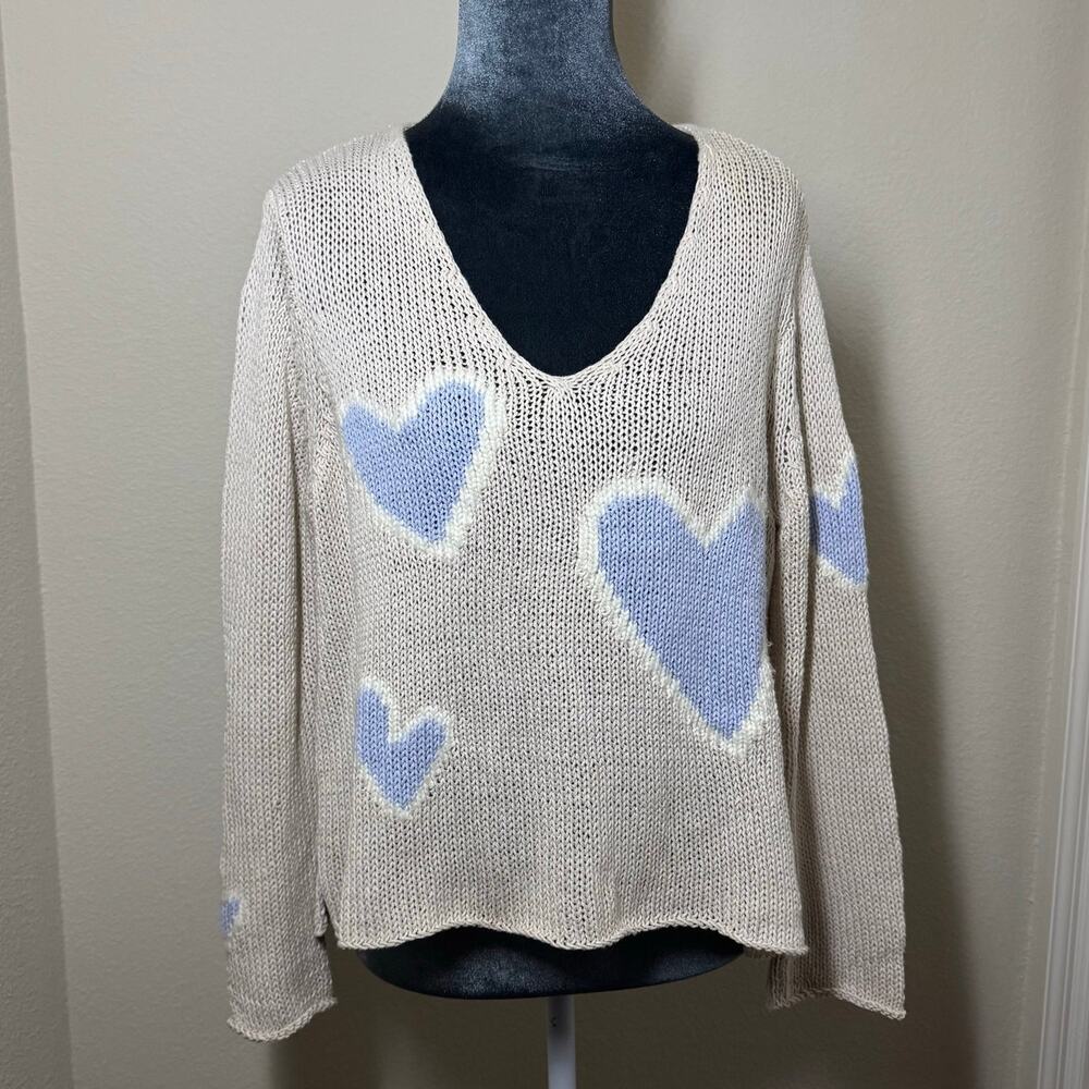 Wooden Ships Heart V Neck Sweater Cream Beige Lavender Blue Open Knit XS